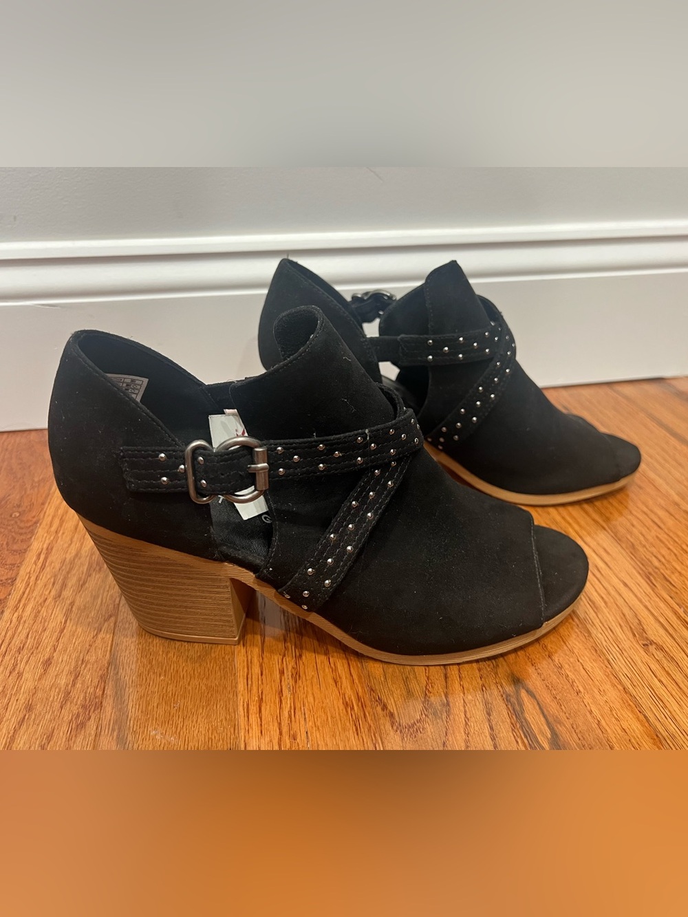 Rocket Dog Black Suede Peep-Toe Studded Block Heel Mules